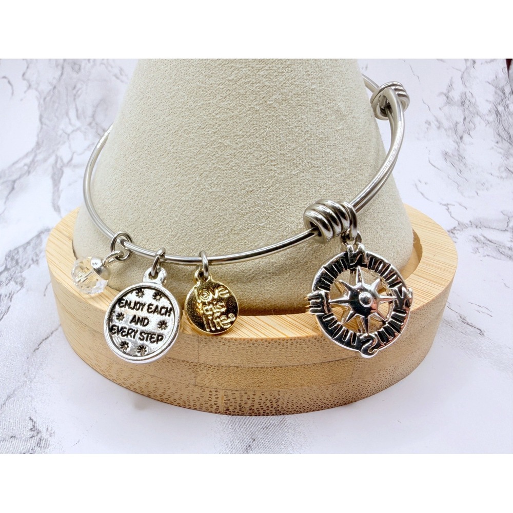 Inspirational Charm Bangle Bracelet Compass Love This Life Silver Tone 8.5 Inch